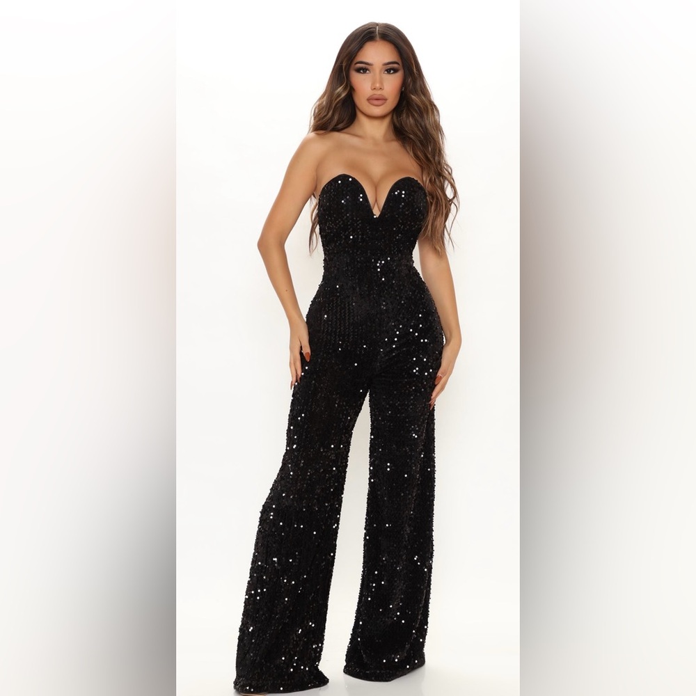 Fashion Nova Black Strapless Sequin Jumpsuit